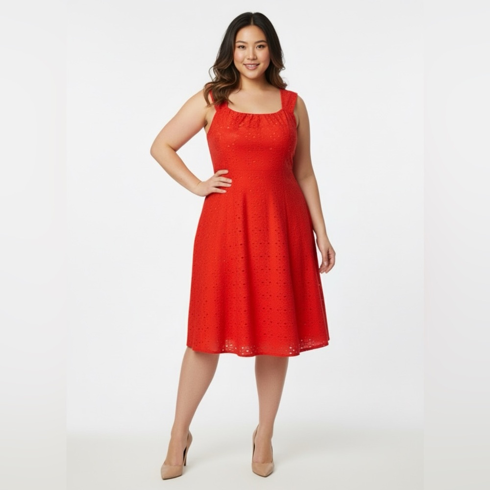Flattering Womens sz L 14 Signature Ella Dress Red Eyelet Flully Line Flared